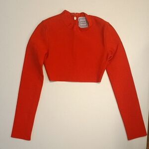 Herve Leger Sleek Crop Top True Red Long Sleeve Small